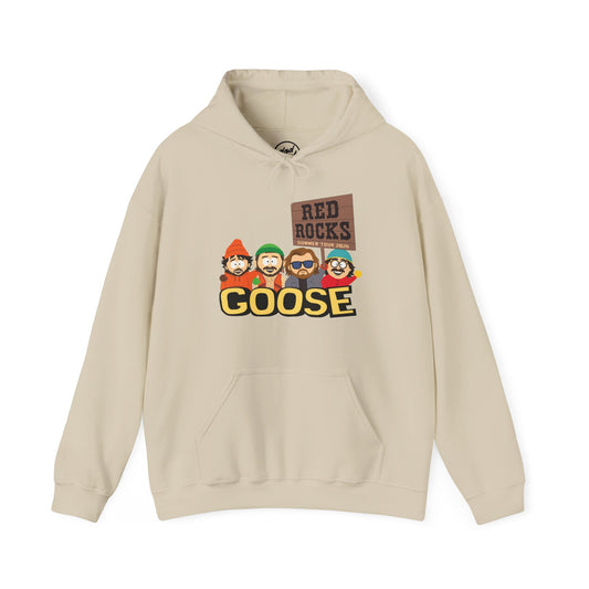 A beige pullover hoodie featuring a graphic print of the South Park characters with a 'RED ROCKS' sign and the word 'GOOSE' in yellow.

Goose band merch hoodie south park dad funk peter trever cotter rick