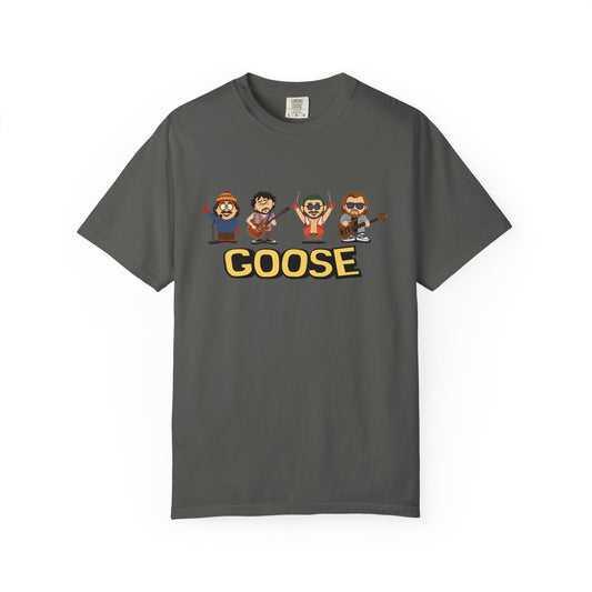 Gray Goose band t-shirt with 'south park inspired' graphic design on a gray background.

Goose south park red rocks dad funk merch. Rick, peter, Trevor, Cotter Goose band