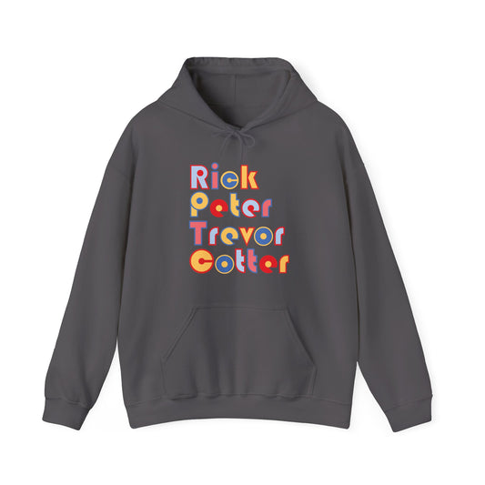 A dark gray pullover hoodie with a colorful retro-style text graphic on the chest reading 'Rick, Peter, Trevor, Gollor' in pink, orange, yellow, and blue bubble letters, shown on a plain white background.

Goose band merch hoodie dad funk peter trever cotter rick