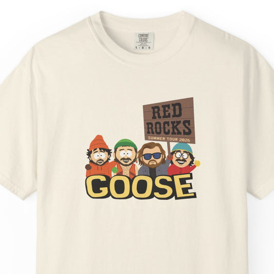 An off-white short-sleeve t-shirt featuring a graphic print of the band Goose with their 'Red Rocks Summer Tour 2020' sign and cartoon characters, shown against a plain white background.

Goose band south park. Rick, Peter, Trevor, Cotter Dad Funk merch