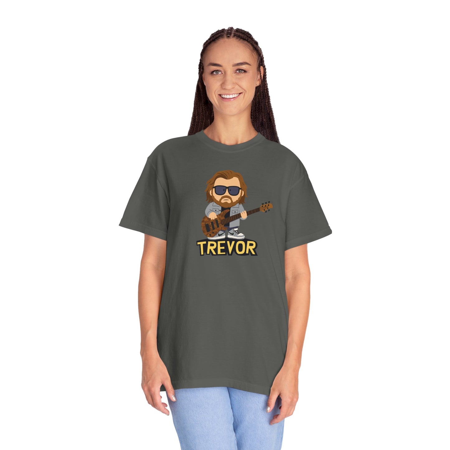 Woman wearing a Pepper t-shirt with 'Early Grind Co' design on a white background