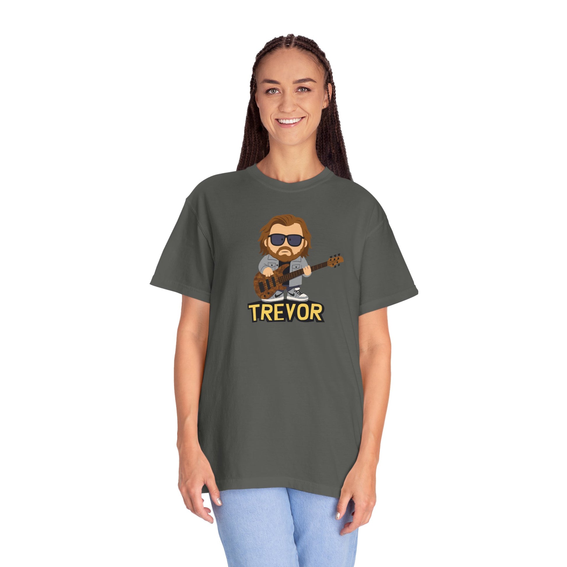 Woman wearing a Pepper t-shirt with 'Early Grind Co' design on a white background